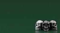 Three metallic silver skulls arranged in a row on dark green background, suitable for gothic, Halloween, horror, and edgy design projects.