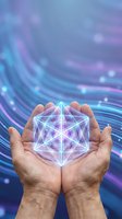 Male hands holding glowing geometric cube with sacred geometry patterns against flowing blue purple energy background for spiritual technology concepts.