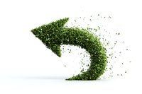 Green leaf particles forming curved arrow shape on white background, environmental sustainability concept for eco-friendly business solutions.