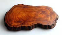 Natural wood slab with distinctive grain pattern and live edge, rich auburn color and organic shape on white background, suitable for luxury furniture design.