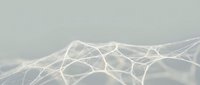 Abstract network of glowing white lines and nodes creating interconnected web pattern on soft gray background for technology and communication concepts.