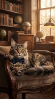 Tabby cat wearing blue bow tie relaxing on leather armchair in vintage study room with globe, books, and desk lamp by window for editorial and lifestyle design projects.