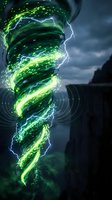 Powerful green tornado with electric lightning strikes swirling through stormy sky creating dramatic weather phenomenon for fantasy and science fiction concepts.