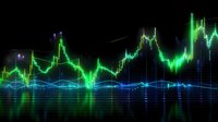Glowing green financial chart with blue wave indicators on black background shows market analysis data visualization for trading and investment decisions.