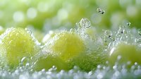 Fresh green grapes covered in ice crystals and water droplets, isolated on blurred background. Suitable for food, beverage, and wellness marketing.