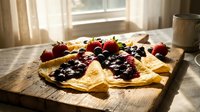 Homemade crepes with fresh berries and jam on rustic wooden board in bright kitchen. Breakfast pancakes with strawberries and blueberries for morning meal.