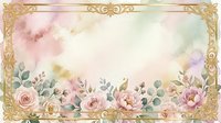 Ornate gold frame with soft watercolor roses, peonies, and eucalyptus leaves on pastel background. Vintage botanical border design for wedding invitations, greeting cards, and decorative projects.