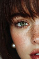 Close up portrait of young woman with green eyes, freckles, red lipstick and dark brown bangs. Natural beauty macro shot showing skin texture and facial features.