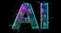 Futuristic AI letter symbol with circuit board pattern glowing in neon purple and blue colors on black background, digital technology concept.