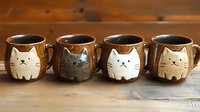 Four adorable ceramic cat mugs in brown tones with cute feline faces, sitting on rustic wooden surface for cozy kitchen decor and coffee lovers.