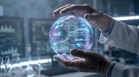Businessman hands protecting glowing digital sphere with circuit patterns and data streams in futuristic technology concept for innovation and cybersecurity.
