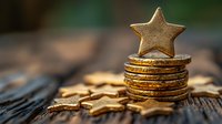 Golden star-shaped cookie on stack of cookies with scattered stars on rustic wooden table. Festive holiday baking concept.