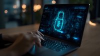 Digital lock icon on laptop screen with binary code and cybersecurity interface, hands typing on keyboard in dark room with bokeh lights background.