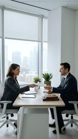 Two professionals in business attire exchange documents across a modern desk in a bright high-rise office with city skyline views, suitable for corporate, business meeting, and workplace concepts.