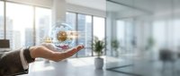 Young professional man holding glowing globe with network connections in modern office space, representing global business, technology innovation, and worldwide corporate communication.