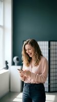 Happy young Caucasian woman using smartphone in modern bathroom with teal wall and natural light from window, smiling while texting or browsing social media.