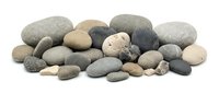 Collection of smooth river rocks and pebbles in natural earth tones isolated on white background for spa, meditation, and wellness design projects.