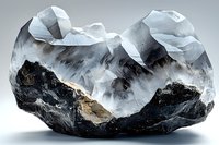 Dramatic mountain landscape emerging from rough stone, featuring misty peaks and crystalline formations in monochromatic gray tones against dark rocky base.