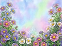 Watercolor asters and daisies frame with purple pink flowers on pastel rainbow background for spring garden designs and floral decorations.