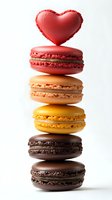 Stack of colorful macarons with red heart on top isolated on white background for Valentine's Day dessert and romantic celebration designs.