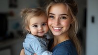 Young Caucasian mother with blonde hair holding adorable toddler daughter in casual home setting. Natural daylight creates warm atmosphere highlighting genuine smiles and tender moment.