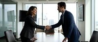 Two professionals in business attire shake hands across a conference table in a modern office with city skyline views, representing corporate agreement, partnership, and successful negotiation.