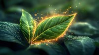 Glowing green leaf with magical golden light effect and sparkles on dark background with water drops, nature macro photography for wellness and spa.