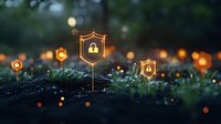 Glowing security shield icons with padlock symbols emerge from grass at dusk, creating magical atmosphere with bokeh lights and nature background.