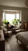 Woman with dark hair, South Asian ethnicity, wearing casual beige clothing, relaxing on window seat surrounded by potted green plants in bright bedroom with natural light, wooden furniture and neutral tones.