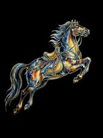 Ornate horse with blue and gold decorative saddle and tack, rearing in dynamic pose, isolated on transparent background, ready for t-shirt design, clipart, stickers, and print-on-demand products.