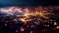 Futuristic digital network with glowing connections and bokeh lights against cosmic background, representing global technology infrastructure.