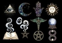 Mystical and occult symbols collection isolated on transparent background, featuring eye, moon, hamsa hand, sun, spirals, open book, pentagram stars, caduceus, crystal ball, and serpent. Ready for t-shirt design, stickers, clipart, sublimation, and print-on-demand projects.