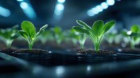 Young green seedlings growing in starter tray under LED grow lights, close up view of microgreens sprouts emerging from soil in hydroponic agriculture system.