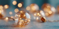 Glass ornament with warm LED string lights creating magical bokeh effect on textured surface for holiday decorating and festive atmosphere.