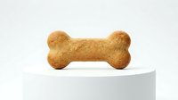 Dog treat bone-shaped biscuit on white pedestal, pet food snack for canine nutrition and training rewards.