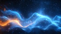 Glowing cosmic wave formation with vibrant blue and orange energy streams flowing through starry space background, creating dynamic celestial patterns.