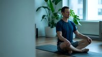 Young Asian man practicing meditation in lotus position on yoga mat in bright modern room with green plants for mindfulness and wellness lifestyle.