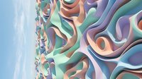 Abstract flowing ribbons in pastel colors creating dynamic waves against sky background for modern digital art and creative design projects.