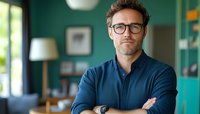 Confident mature businessman wearing glasses and navy shirt standing with arms crossed in modern home office against teal wall background.