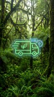 Green eco-friendly delivery truck hologram floating in lush rainforest with ferns and moss-covered trees representing sustainable transportation and zero emissions.