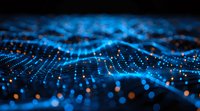 Abstract digital wave visualization with glowing blue dots and orange particles forming dynamic network pattern, perfect for technology and data concepts.