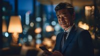 Confident mature businessman in elegant suit using smartphone in upscale restaurant or hotel lobby with warm evening lighting and city view background.