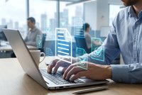 Professional businessman typing on laptop with digital document management interface overlay in modern office environment for business technology solutions.