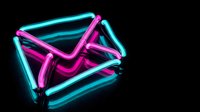 Glowing neon email envelope icon in vibrant pink and cyan colors on black background for digital communication and marketing design concepts.