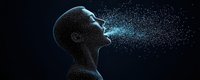 Digital profile of person exhaling glowing particles against dark background, side view silhouette showing breath visualization in cold air or ethereal concept.