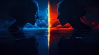 Dramatic silhouettes of faces divided by glowing line against contrasting red and blue stormy skies reflected in calm water, representing duality and opposition.