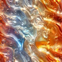 Abstract liquid metallic background with orange and blue swirls, bubbles and waves creating dynamic flowing pattern. Luxurious shiny texture for creative designs.