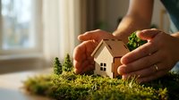 Hands protecting small wooden house model on green moss surface near window with natural light for real estate insurance and home security concepts.