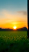 Vibrant orange sunset over green grass meadow with soft focus background creating dreamy atmosphere for nature and landscape photography.