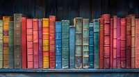 Vintage multicolored books arranged on wooden shelf, showing weathered spines in various shades of red, blue, and yellow creating nostalgic library atmosphere.